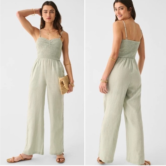Faherty Mandy Smocked Linen Jumpsuit Desert Sage - Picture 1 of 7